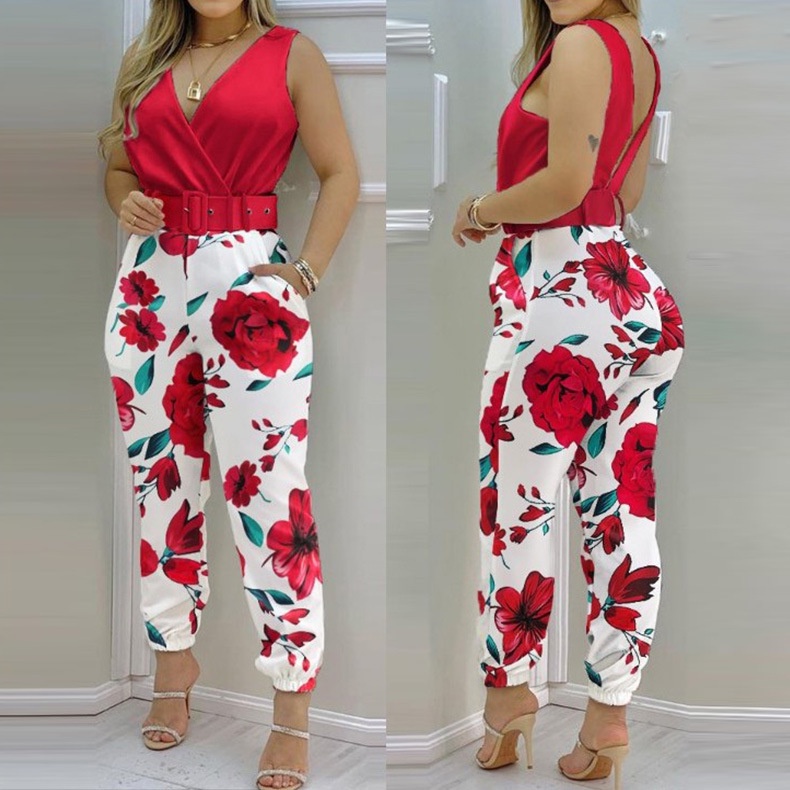 Macacão Feminino 2022 Sexy Sem Mangas Com Decote Em V Boho Estampa Floral De Perna Larga Calça Comprida Espaguete Alça