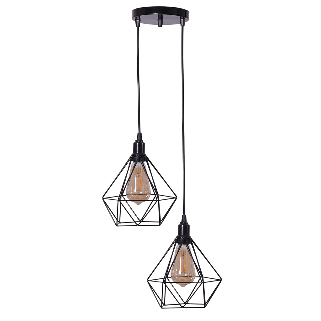 Lustre Pendente Diamante Aramado Preto Duplo Cabo 1 Metro Regulavel