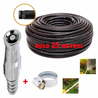 Mangueira De Jardim Preta Reforçada 1/2 300 Psi Para Água 25 metros + Esguicho De Metal Ajustável