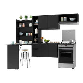Cozinha Compacta Multimóveis Sofia FG2007 com Mesa Dobrável Preta
