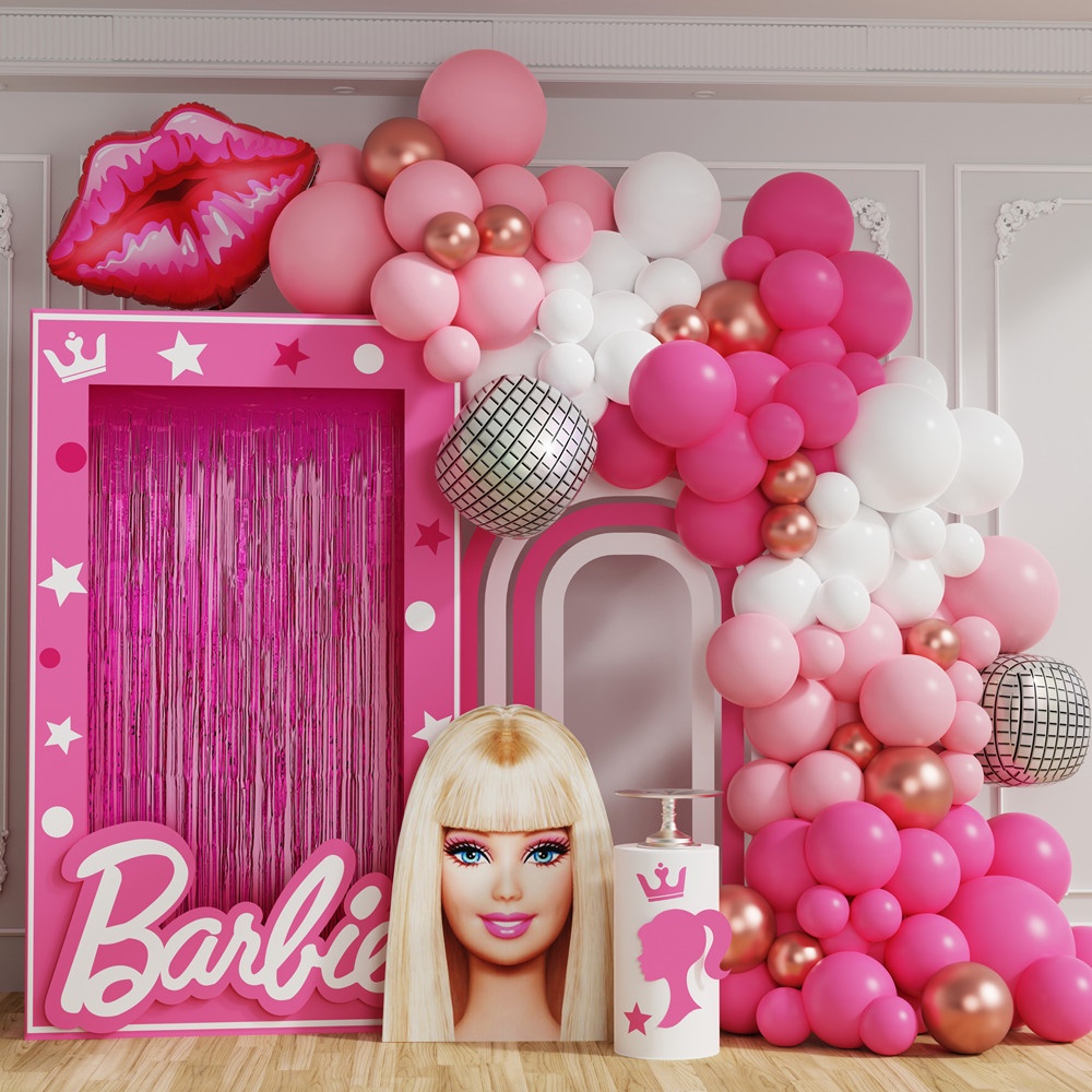125pcs Barbie Princesa Tema Rosa Lábios Vermelhos Balão Garland Arch Kit Meninas Aniversário De Casamento Decorações Festa De Bacharelado 4D Discoteca Balões De Folha Ducha De Bebê