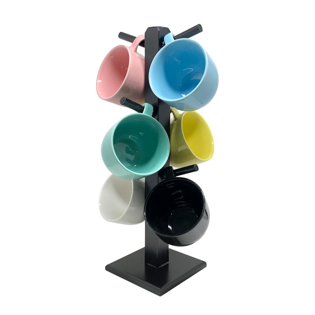 Jogo 6 Xícara Café Chá Porcelana Colorida Com Suporte Cantinho do Café Preto