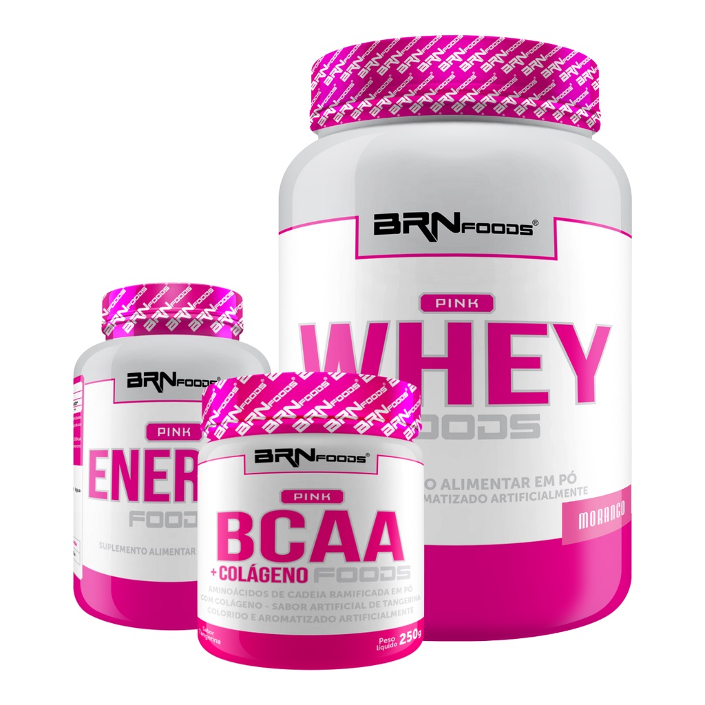 Kit Whey Protein Pink Whey Foods 2kg, Pink Energy Pré Treino 120 caps, Pink BCAA com Colágeno 250g Sabor Tangerina – BRN Foods