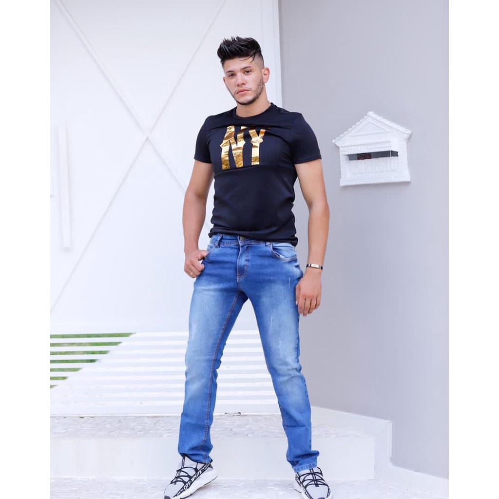 Calça slim fit jeans azul medio