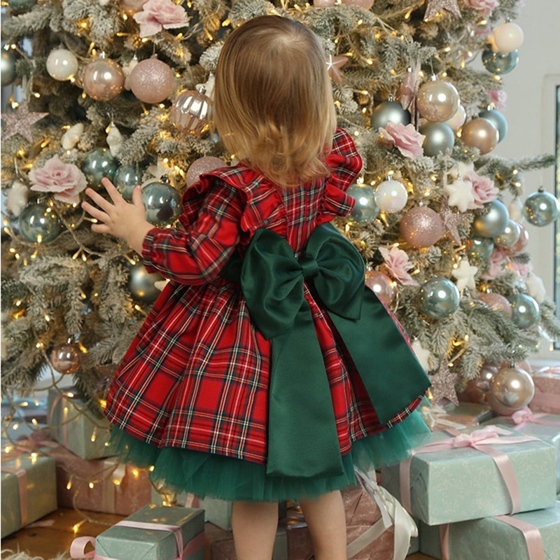 Novo Vestido De Natal Para Meninas 6M-5 Anos Criança Vestidos De Laço Vermelho Verde Xadrez Menina Roupas De Princesa