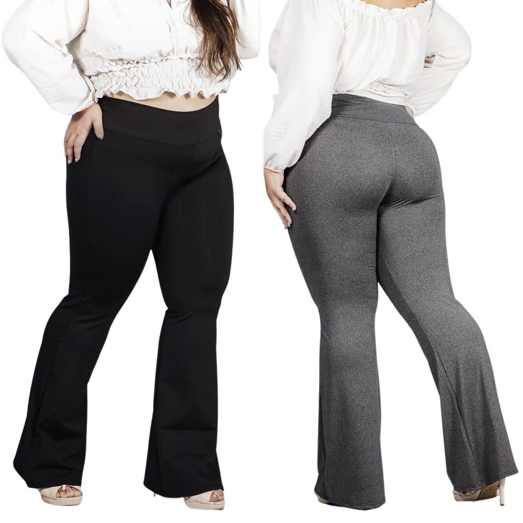 Calça Flare Plus Size Boca de Sino Cós Largo Poliamida