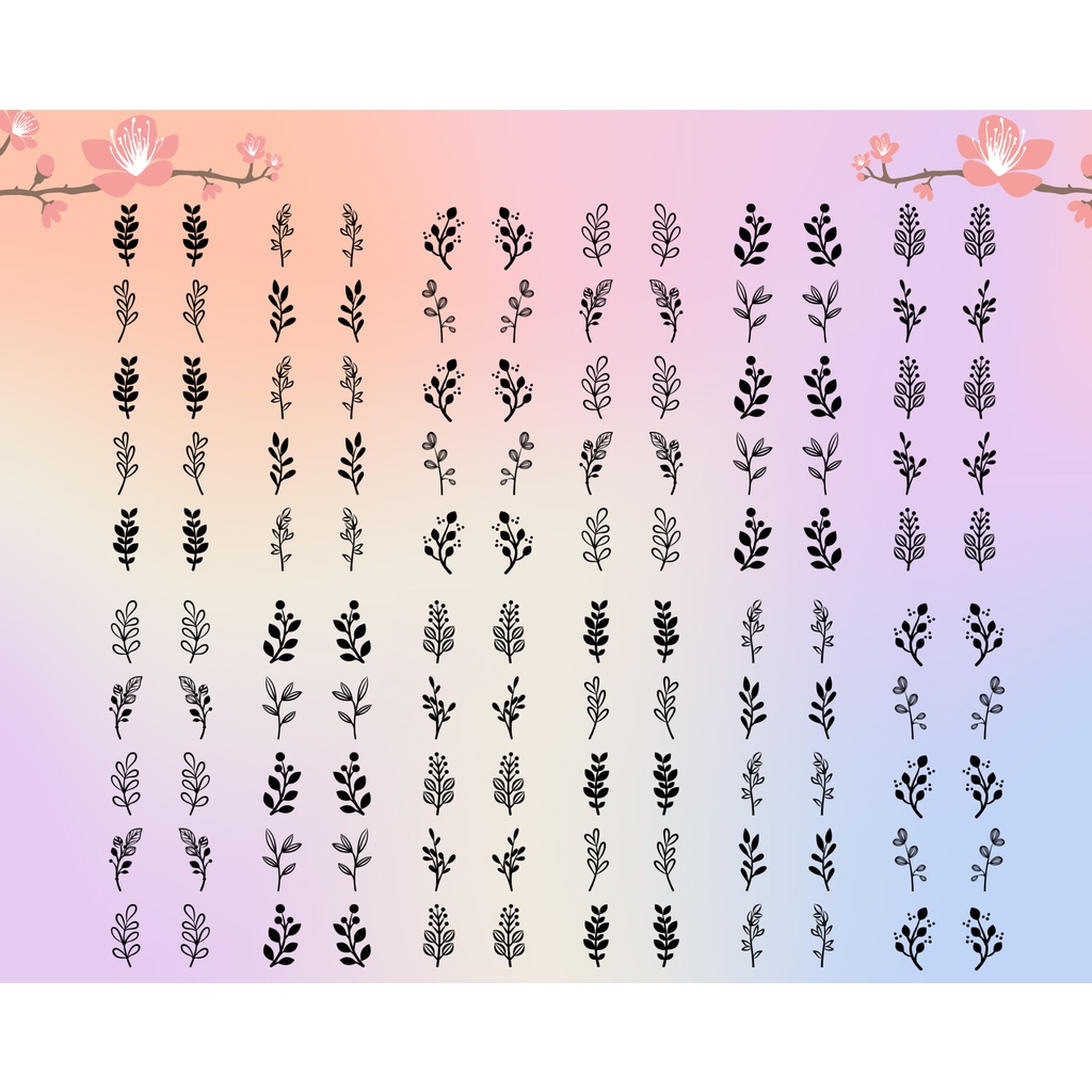 120 Adesivo de Unha 3d Folhagem Raminho Preto e Variados