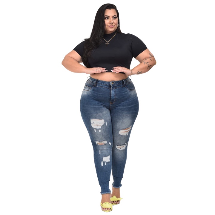 Calça Jeans Feminina Plus Size Estilo Rua, Plus Size, Rasgada, Crua, Com  Botão, Cintura Alta, Estiramento Médio, Perna Larga