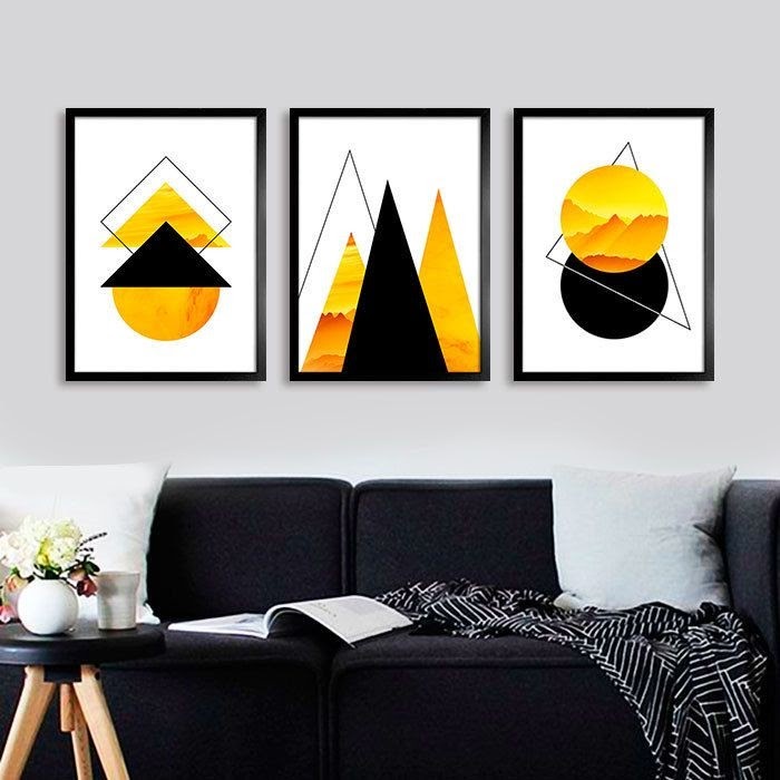 Conjunto Quadro Decorativo Trio Geométrico Amarelo e Preto Kit Decorativo Decoração Quarto Sala PVC Alta Resolução Para Escritório Decoração Quadros Decorativos Decoração para Casa Quadro de Parede Quadro Quadro de Frases Motivacional e Versículos