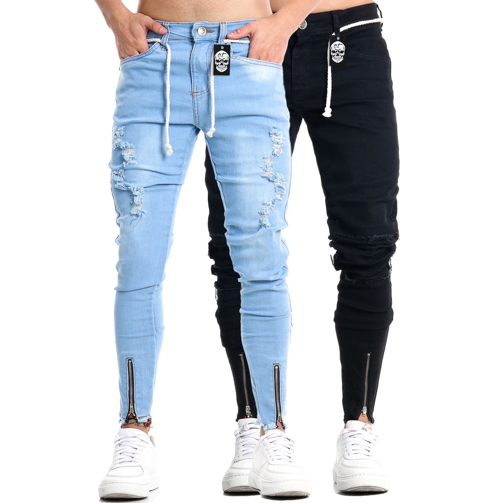 Calca jeans skinny Preta Destroyed Rasgada Desfiada ElastanoLaycra