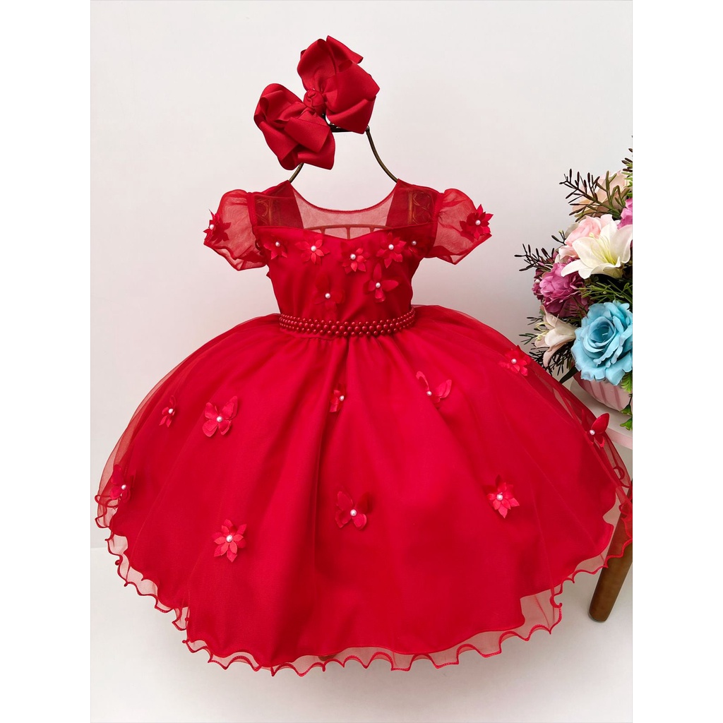 Vestido infantil Vermelho Daminha de Casamento Princesa - Vermelho