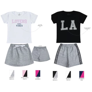 Kit 2 Conjuntos Verão Infantil Juvenil Feminino Blusinha com Glitter Shorts e Shorts Saia Moletinho Roupa Menina 10 - 16