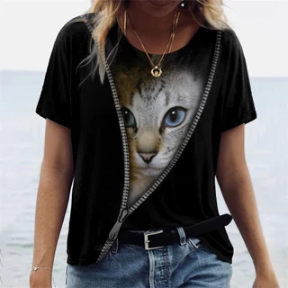 Camisetas Femininas Estampa 3D Blusas Manga Curta Camiseta Verão Kawaii Gato Gráfica Tees