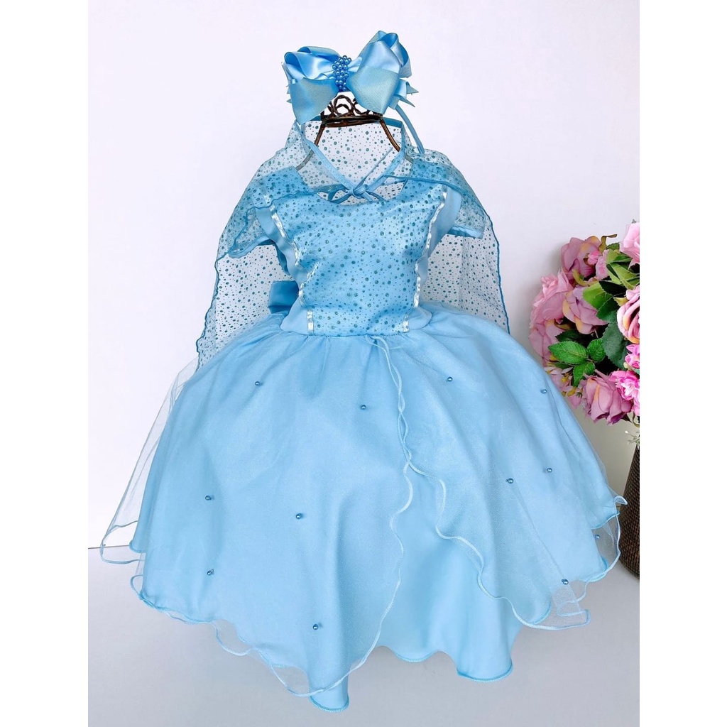 Fantasia Vestido Luxo Infantil Princesa Cinderela/Frozen C/Tiara (PP (1-2  ANOS))