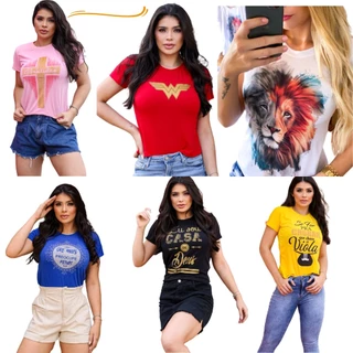 KIT 5 Camiseta T-shirts Feminina Blusas com Estampa Sortida Algodão Fio 30 Penteado
