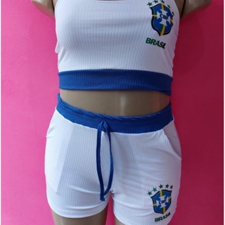 Conjunto Feminino Cropped+Short Brasil Plus size copa do mundo