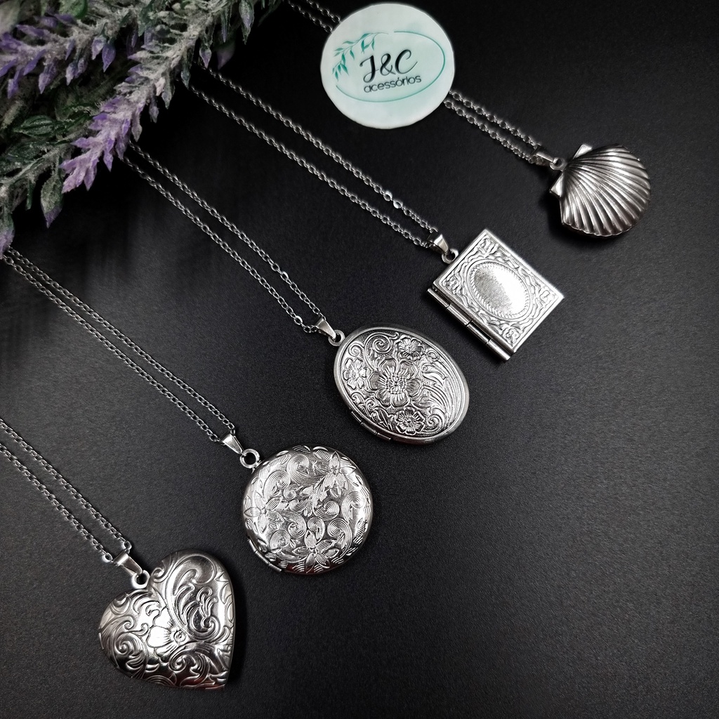 Colar Relicário para Fotos Personalizado Aço Inox 316L Antialérgico Coração Concha Livro