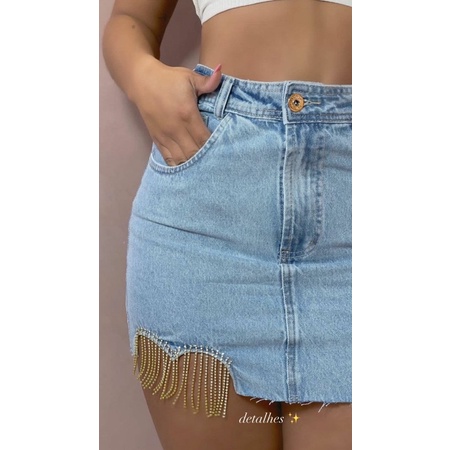 Saia jeans hot sale com franja