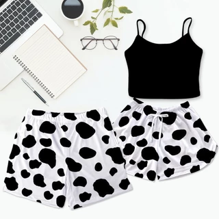 Pijama Casal Kit Baby Doll Cropped Preto Feminino e Shorts Samba Canção Masculino
