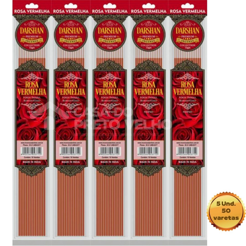 Incenso Premium Rosa Vermelha Darshan 5 SK Fechamento Zip - 50 varetas