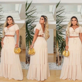 Conjunto Cropped e Saia Longa Cintura Alta em Duna Moda Blogueira
