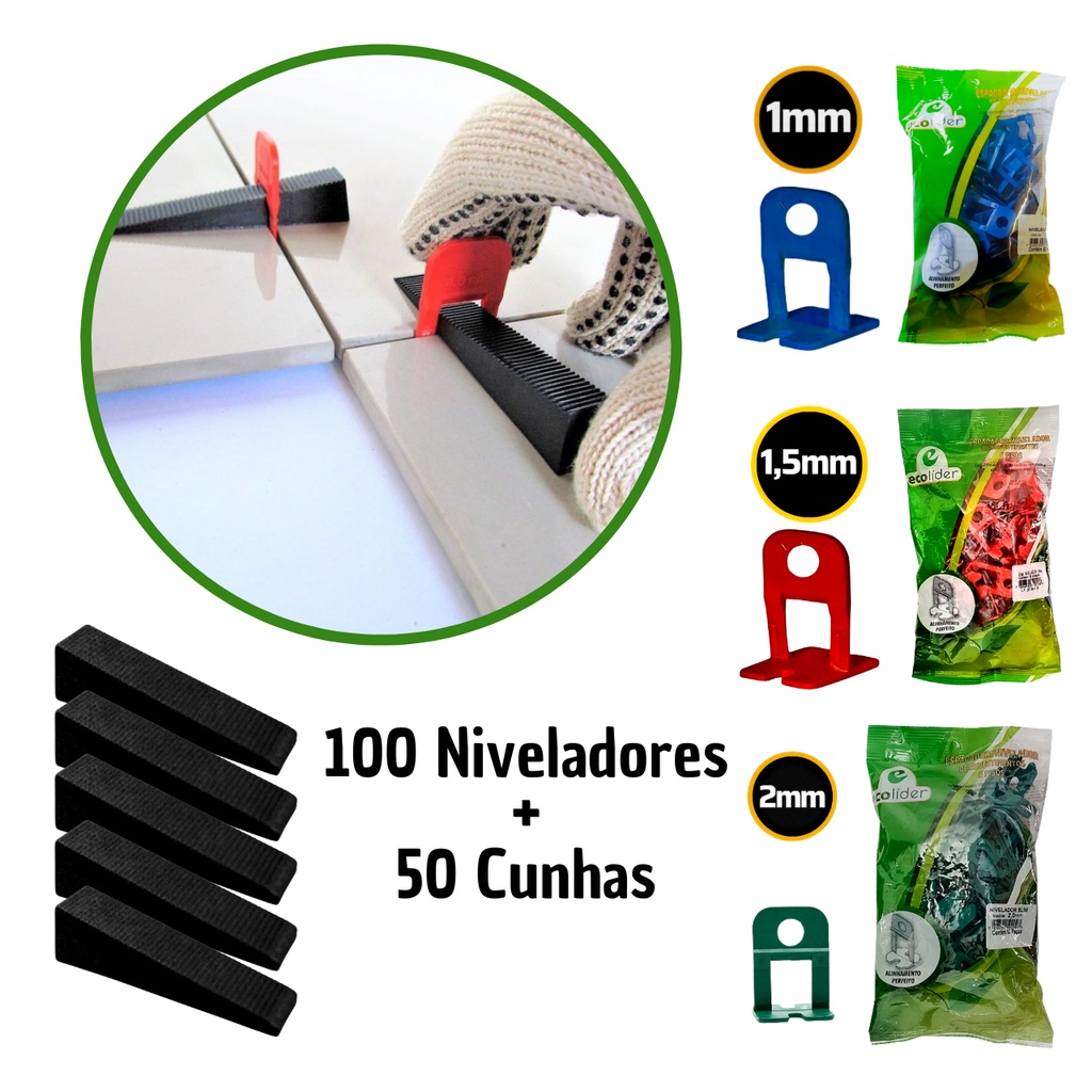 Kit 100 Niveladores/Espaçadores + 50 Cunhas para Porcelanato - Pisos - Azulejos Ecolider