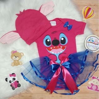 Conjunto Body Bebê Luxo Tule Lillo & Stitch Rosa