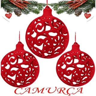 KIT 3 Bolas De Natal Grande Vermelha Camurça Vazada Enfeite De Arvore 3 Unidades N6 - Promoção