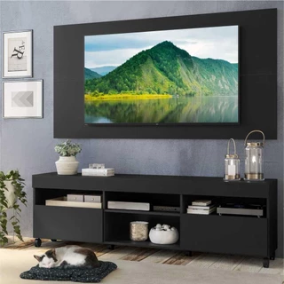Rack com Painel para TV até 65" com Rodízios e 2 portas Londres Multimóveis Preto