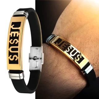 Pulseira masculina Dourada Jesus em aço Borracha Resistente social ajustavel presente