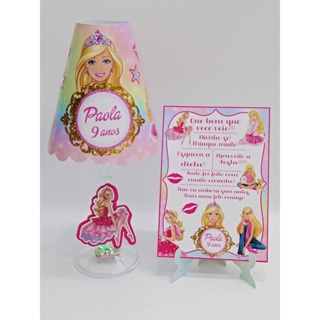 COMBO: 5 Abajures taça c/ LED + 5 Plaquinhas de agradecimento Barbie colorida (QUALQUER TEMA)