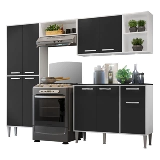 Cozinha Completa Compacta c/ 3 Leds, Armário e Balcão c/ Tampo 4 pçs Xangai Multimóveis Branca/Preta