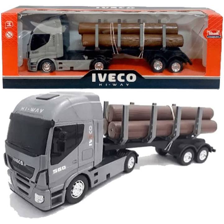 BRINQUEDO CAMINHAO COM TORAS DE MADEIRA IVECO MINIATURA