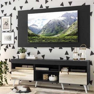 Rack com Espelho, Pés Retrô e Painel TV 65" com 2 Portas Londres Multimóveis Preto/Branco