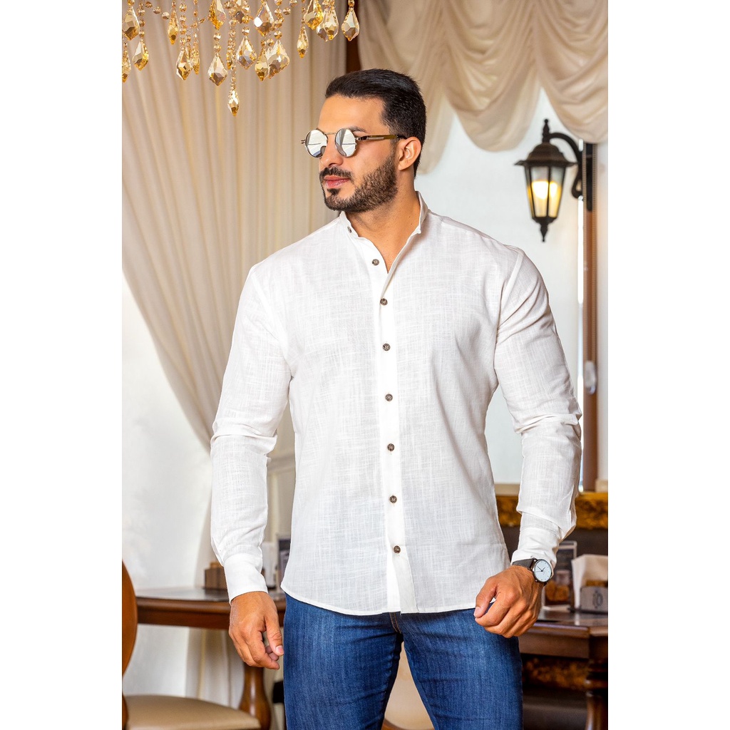 Camisa Masculina Gola Padre Social Casual Linho Algodão Manga Curta ...