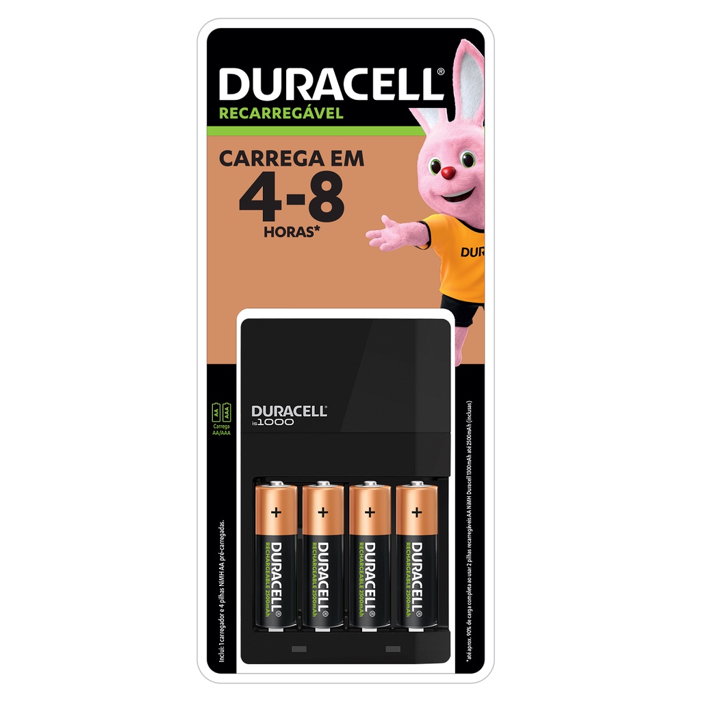 Carregador Bivolt e 4 Pilha Recarregavel AA Duracell 2A pequena 2500mAh kit 1 unidade