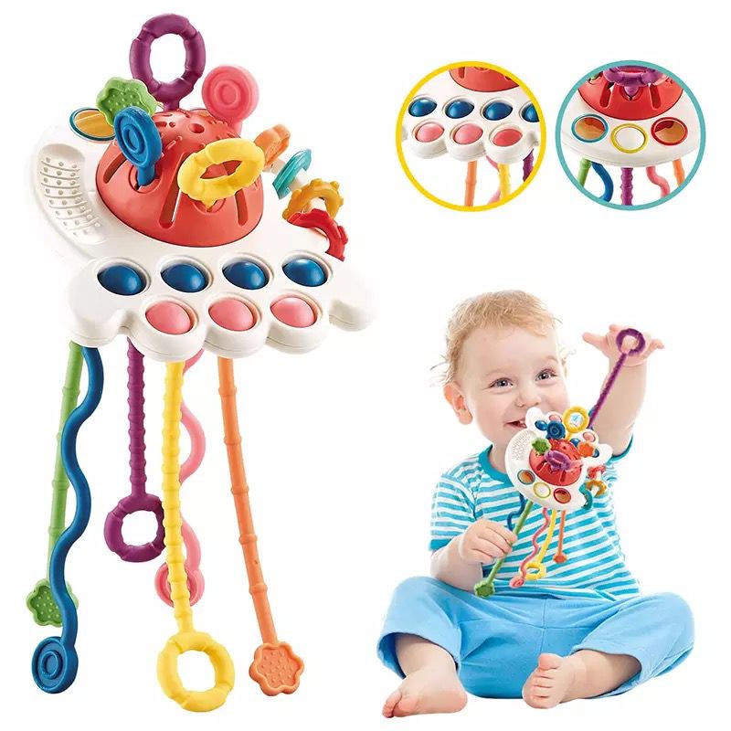 Brinquedo Montessori do Bebê 3 em 1 Mordedor Atividade Cognitiva Sensorial  em Silicone Ovni Puxar Corda | Shopee Brasil