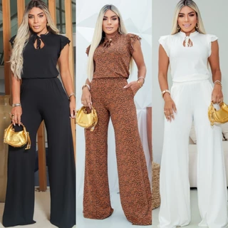 Conjunto de Blusa Gola Alta Decotada e Calça Pantalona Flare Com Bolso em Tecido Viscolycra Moda Blogueira 2022,Promoção.