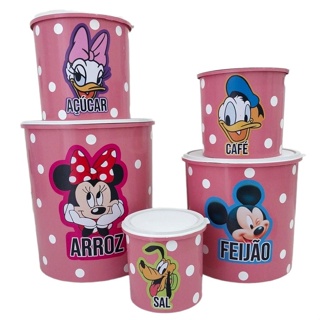 Kit Mantimento Mickey Personagens 5 Peças Em Plástico Adesivado Organizador De Alimentos