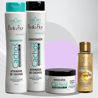 Kit Capilar Cachos e Reparador de Pontas 4 Produtos (1 Shampoo, 1 Condicionador, 1 Mascara e 1 Reparador de Pontas) Profissional - Bella Flor Cosméticos