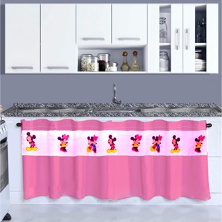 Cortina de Pia Minnie e Mickey Vermelha ou Rosa Decoração Cozinha Janela 1,40 x 0,80 Bastão