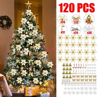 120pcs Ornamentos De Natal Com Kit Champanhe Vermelho Conjunto Flores De Árvore/Flocos De Neve/Renda/Sinos/Pequenos Arrutches/Pinos Para Presente