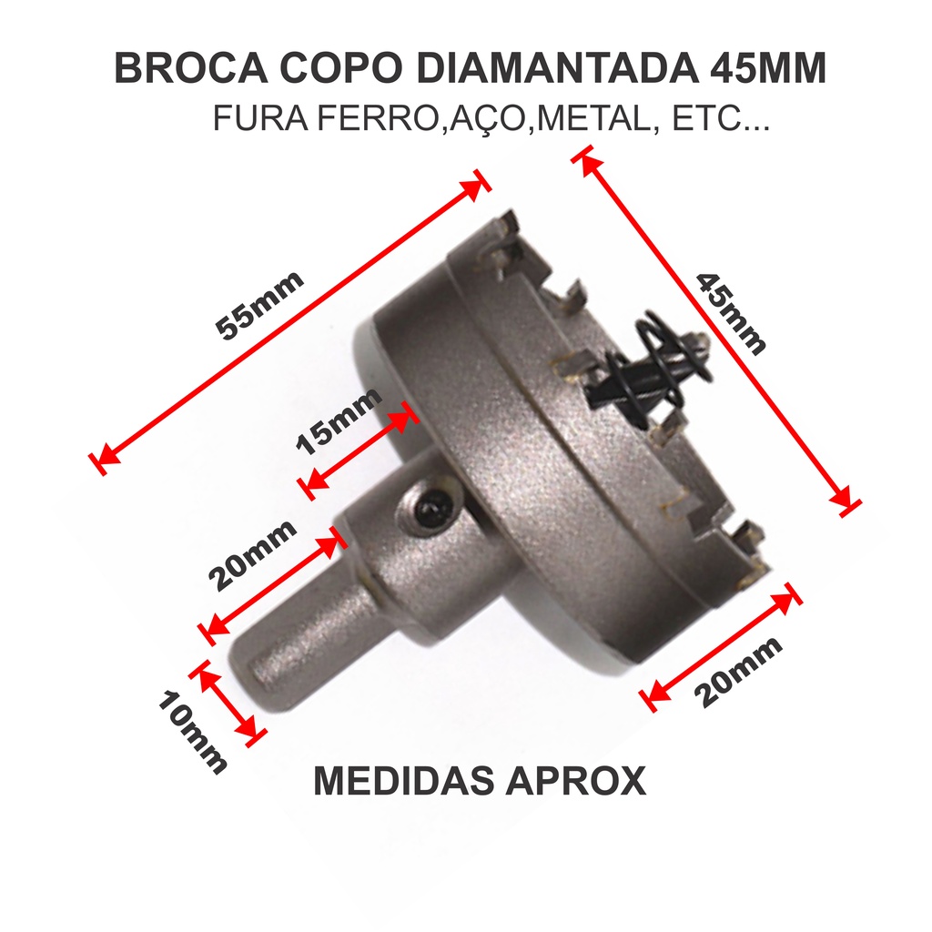 Broca Serra Copo, 45mm, P/ Furo, Aço Inox - Ferro - Metais