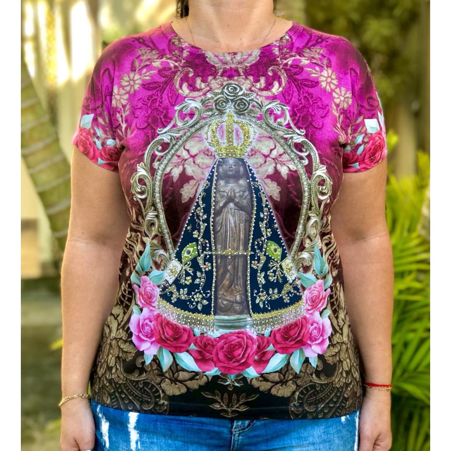 Blusa Baby Look Feminina de Nossa Senhora Aparecida Roxa Florida Rosas com  Strass Católica Religiosa