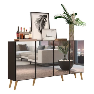 Aparador Buffet Retrô com Espelho Multimóveis Veneza com 4 Portas FG3559 Preto/Natural