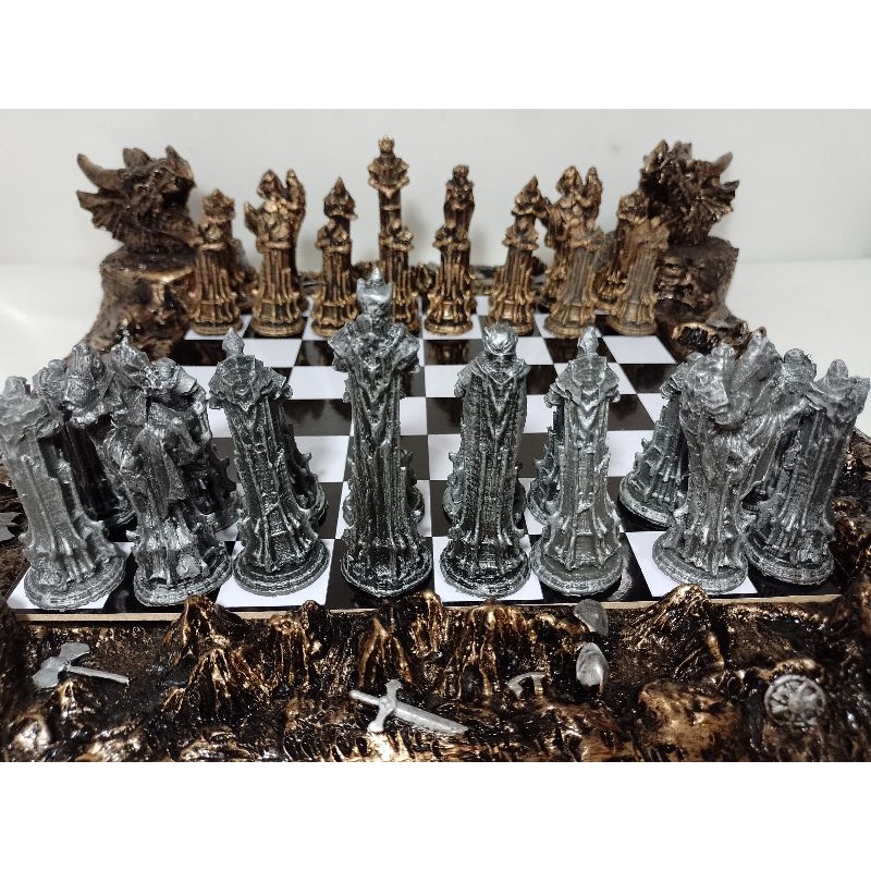 Jogo de Xadrez Medieval Rústico Coleção Temático Peças Chess Set Tabuleiro  Preto Branco Grande