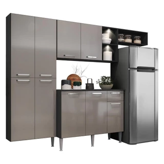 Cozinha Compacta c/ 2 Leds Armário e Balcão com Tampo Pequim Sun Multimóveis Preta/Lacca Fumê