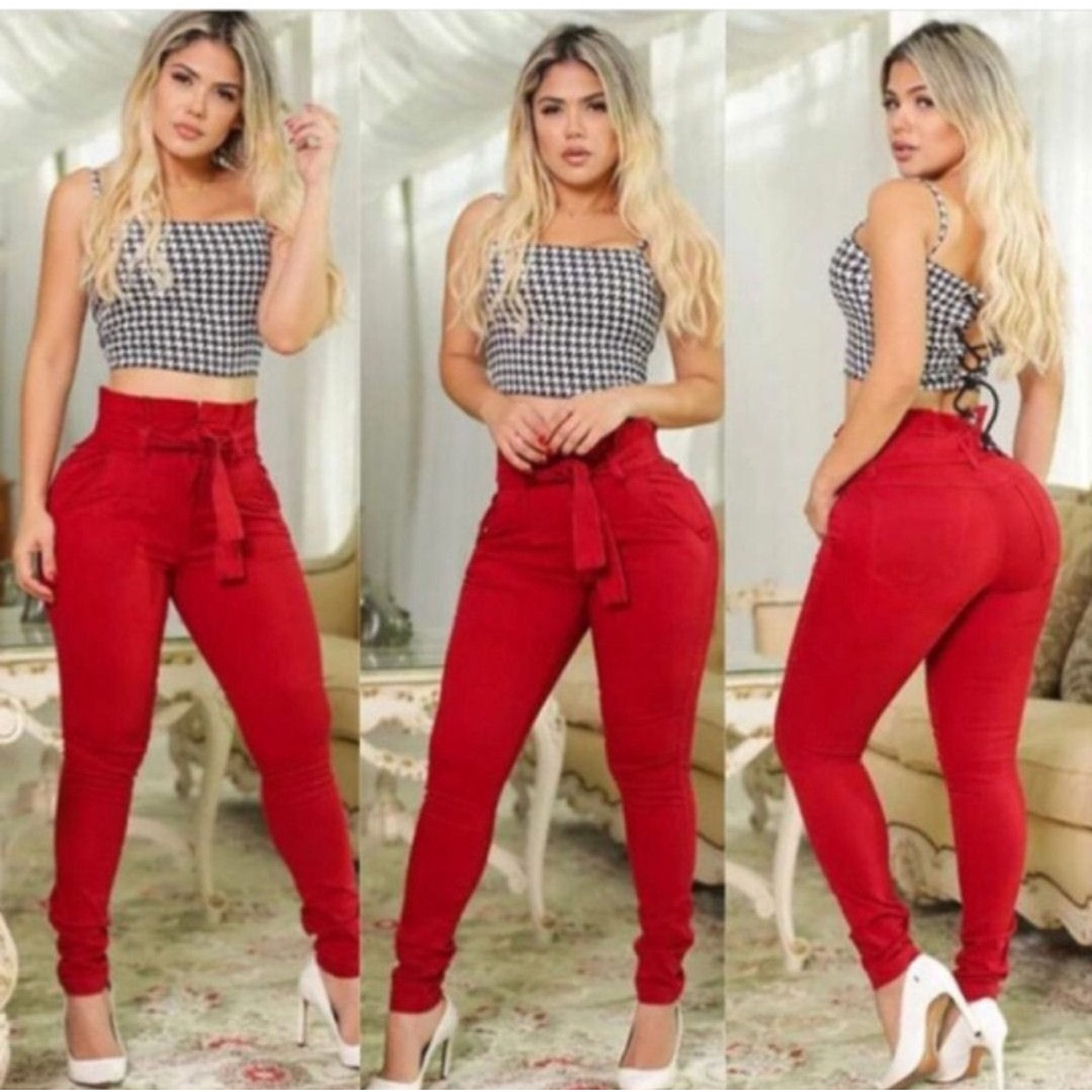 Calça fashion jeans vermelha escura feminina