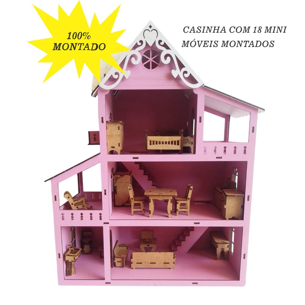 Casa Casinha De Boneca 60 cm Em MDF (Montada) + Jogo 30 Mini Moveis  Montados