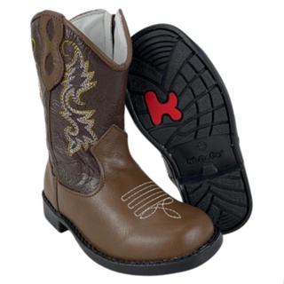 Bota Texana Infantil Ki fofo Original Country Menina Menino Cor Marrom Cano Bordado 100% Couro
